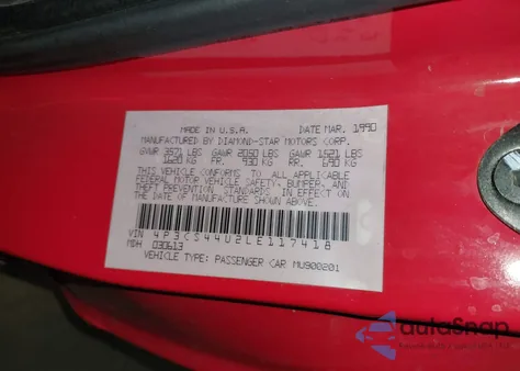 1990 Plymouth Laser Rs from USA, damaged, VIN 4P3CS44U2LE117418